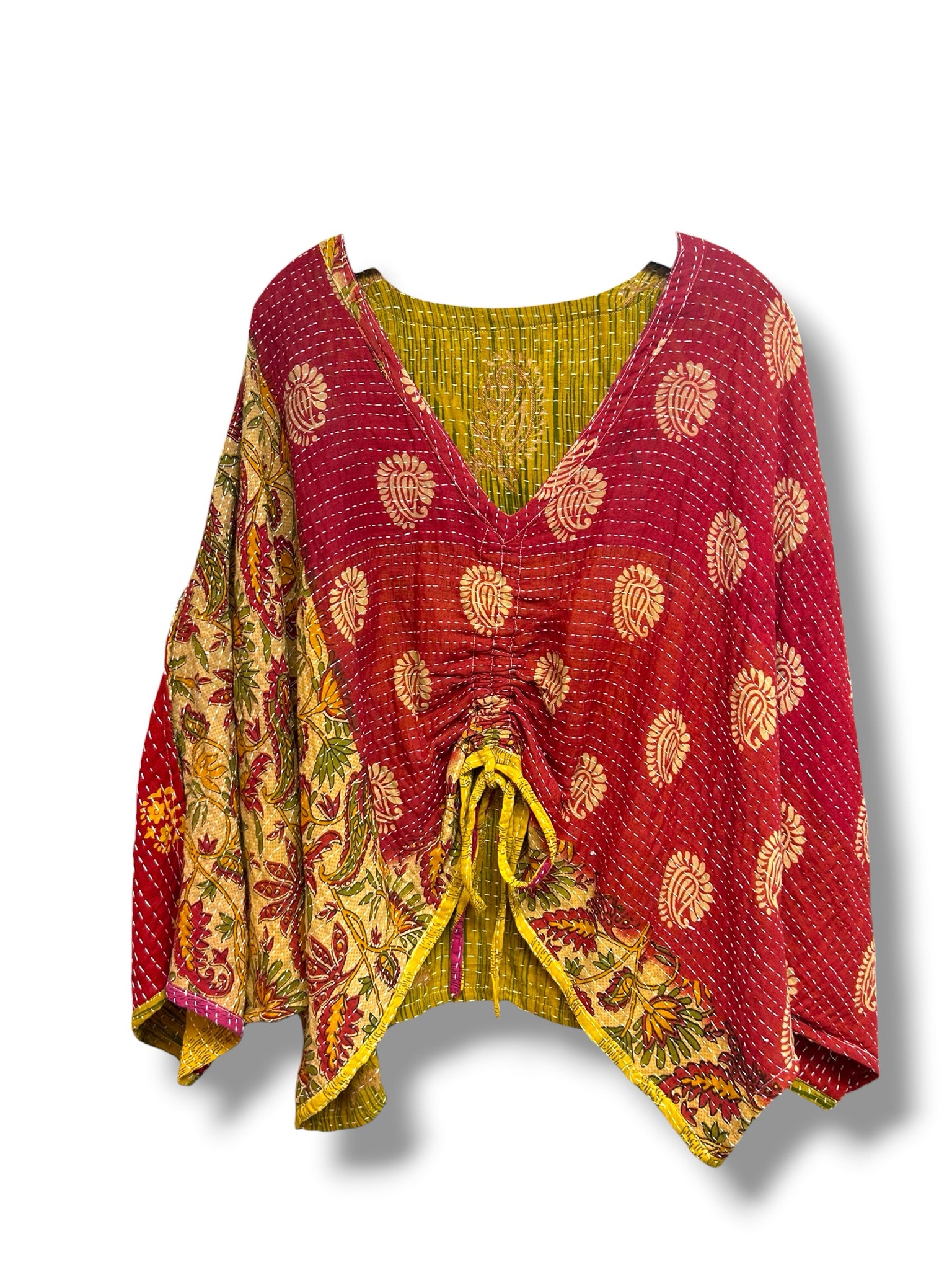 KANTHA BAE COTTON SARI FABRIC BUTTERFLY TOP RED YELLOW FREE SIZE