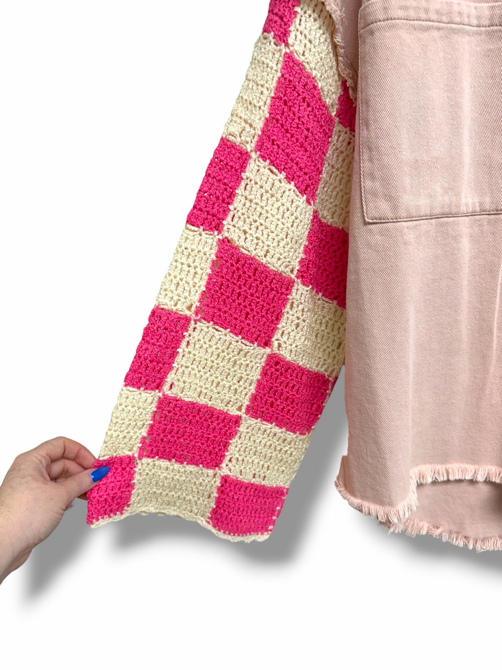 ANTHROPOLOGIE POL PINK CROCHET CHECKER SLEEVE SHACKET SIZE SMALL