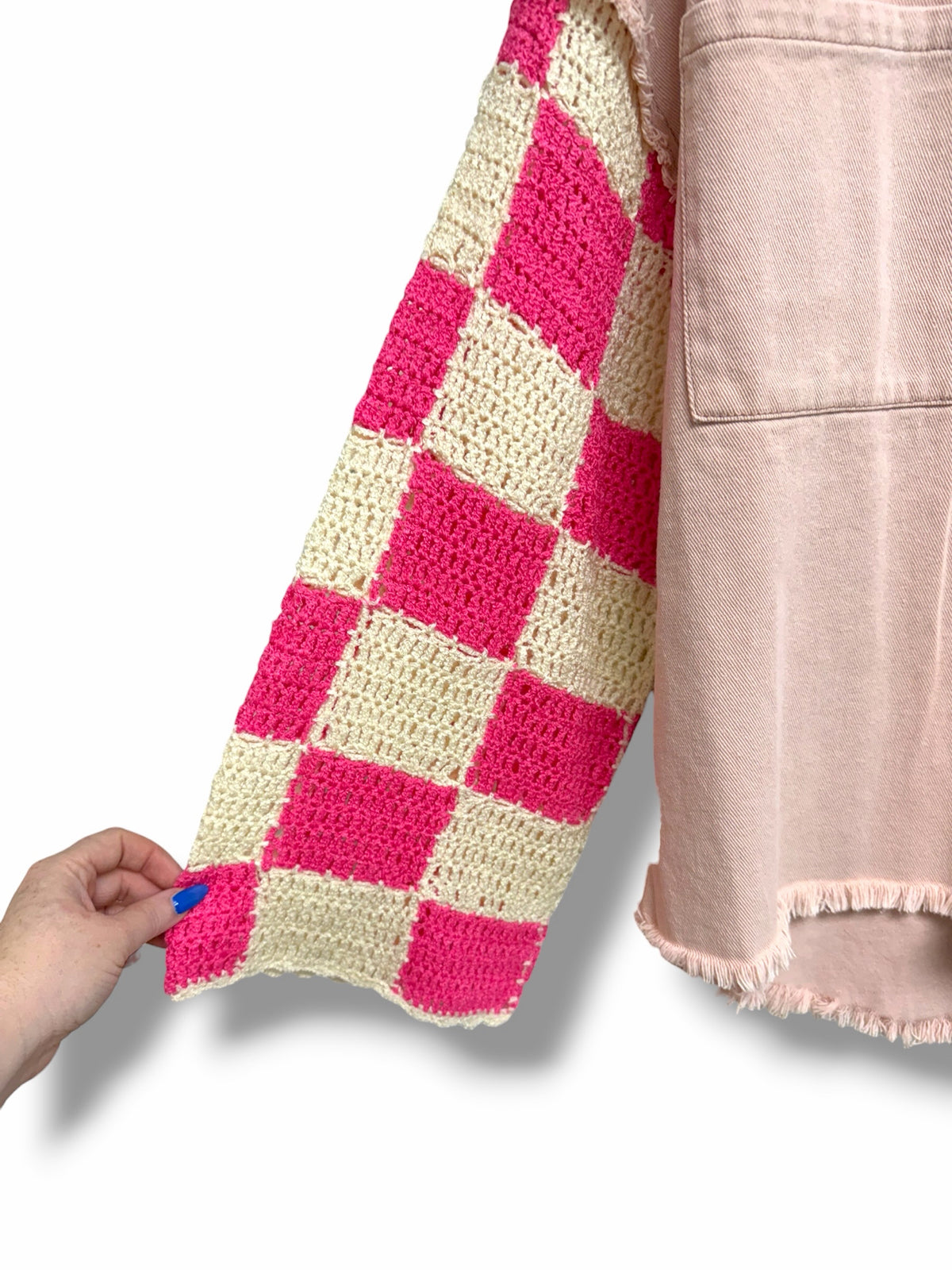 ANTHROPOLOGIE POL PINK CROCHET CHECKER SLEEVE SHACKET SIZE SMALL