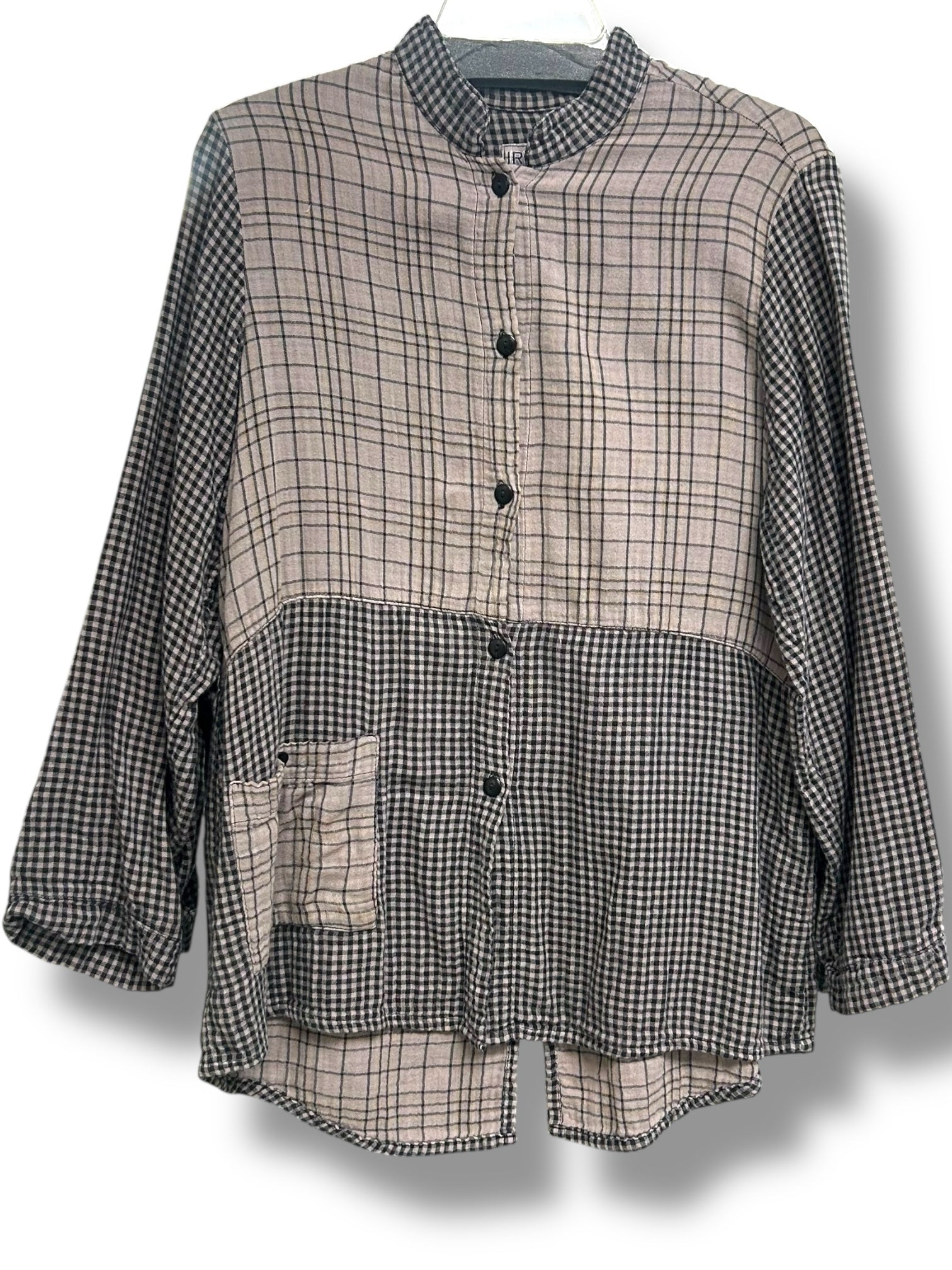 IRIDIUM COTTON GRID FLANNEL TAN BLACK LAGENLOOK TOP SIZE SMALL