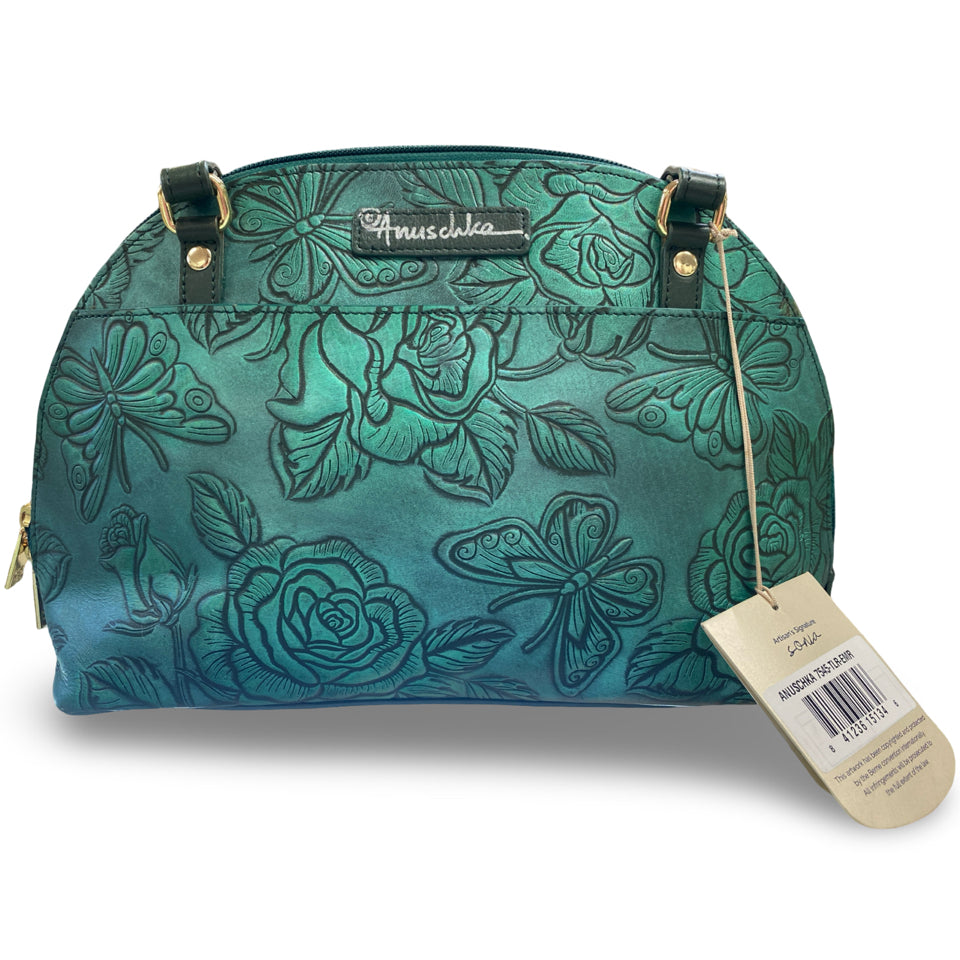 ANUSCHKA NWT ZIP AROUND DOME SATCHEL TOOLED BUTTERFLY EMERALD