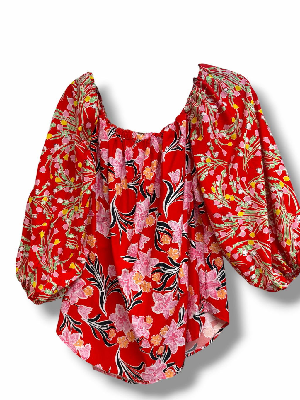 FREE PEOPLE SUMMER FLORAL GARDENIA RED PRINT TUNIC TOP SIZE LARGE