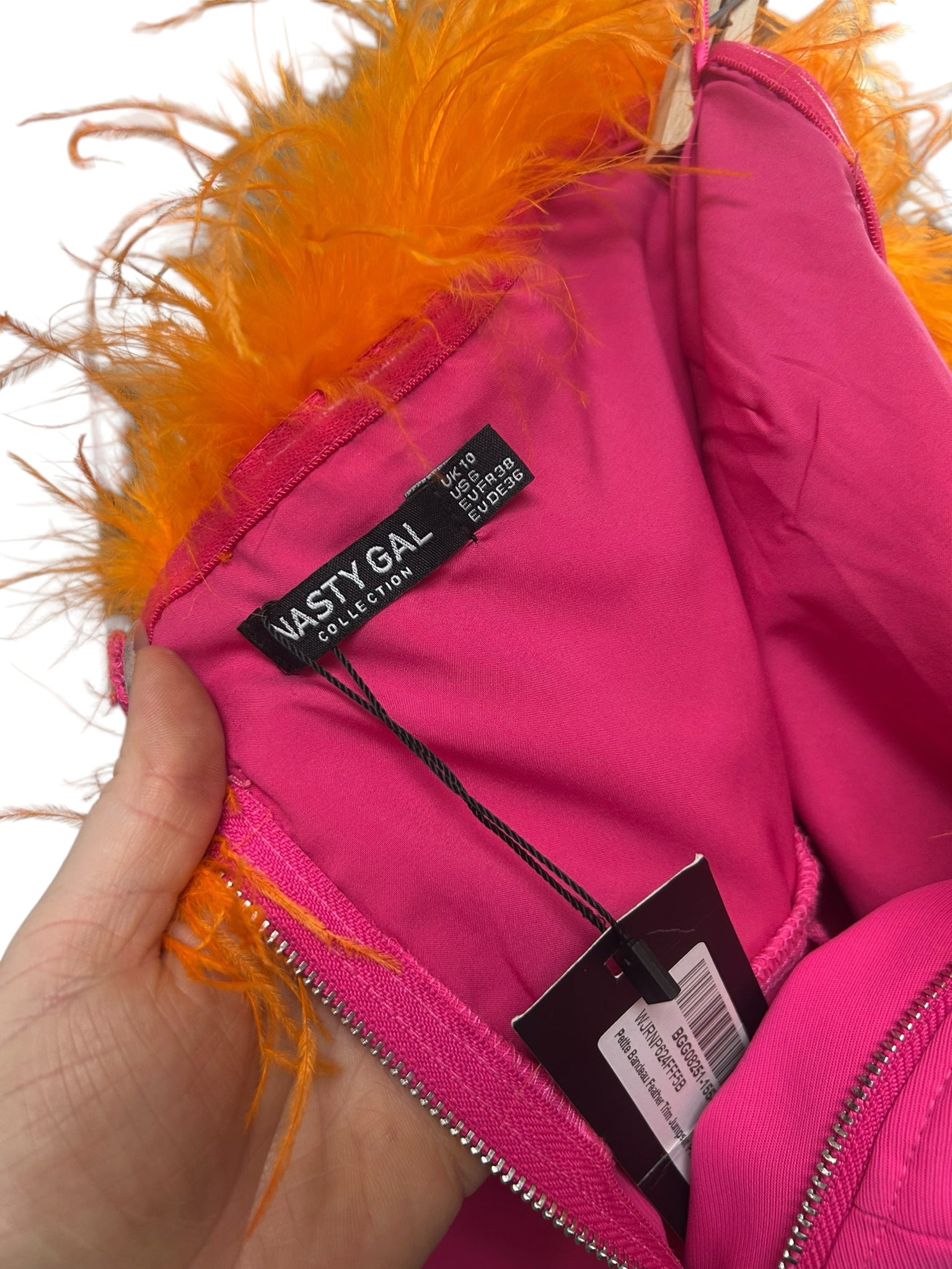 NWT NASY GAL BANDEAU FEATHER TRIM PINK ORANGE JUMPSUIT SIZE 6