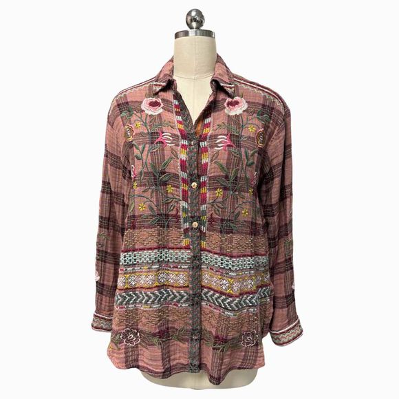 JOHNNY WAS WORKSHOP EMBROIDERED GAUZY COTTON LS MAUVE SHIRT SIZE XS