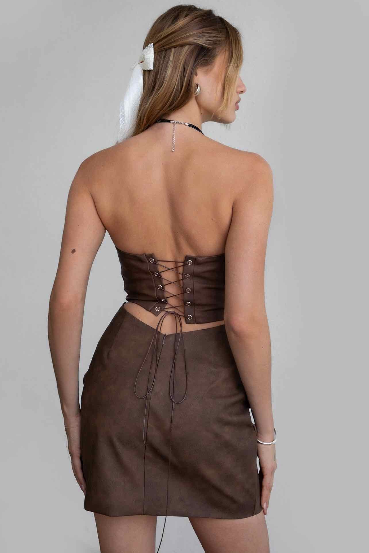ANTHROPOLOGIE TIC TOC EMBROIDERED STRAPLESS LACE-UP FAUX LEATHER SIZE: M