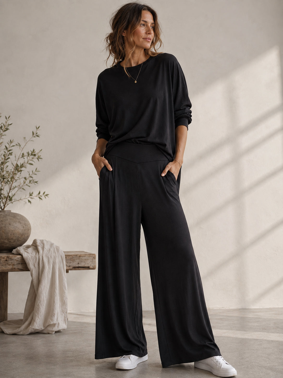NEW WITH TAGS COZY EARTH BLACK BAMBOO RIB KNIT WIDE LEG PANTS SIZE LARGE