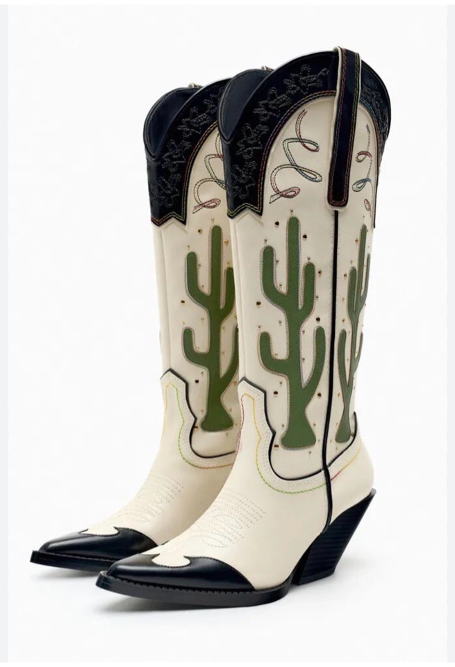 ZARA CONTRASTING KNEE-HIGH WESTERN CACTUS BOOTS SIZE 39
