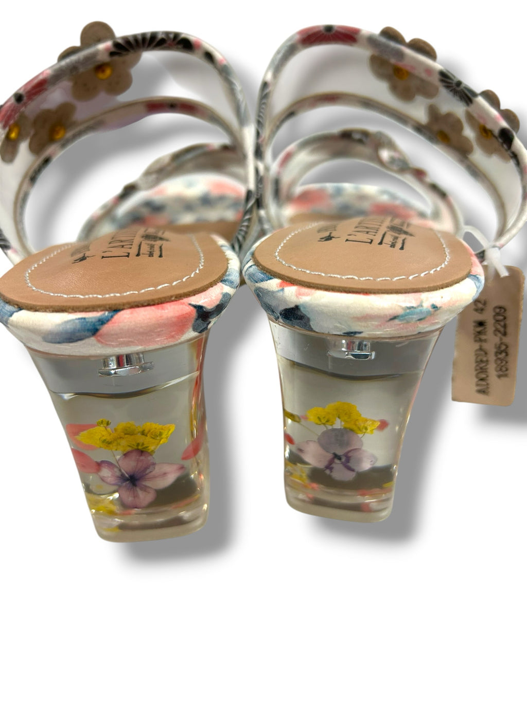 L'ARTISTE ADORED APPLIQUE FLORAL BUTTERFLY HEELED SANDALS SIZE 10