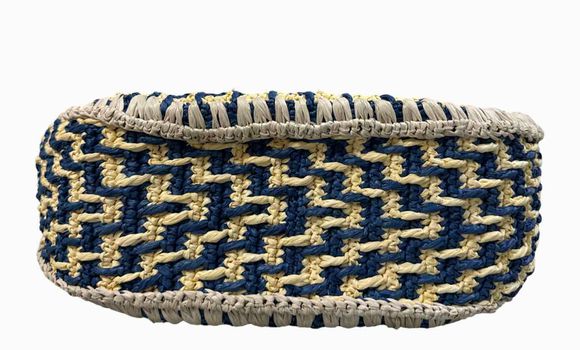 TORY BURCH BLUE/CREAM THEA STRAW BUCKET BAG