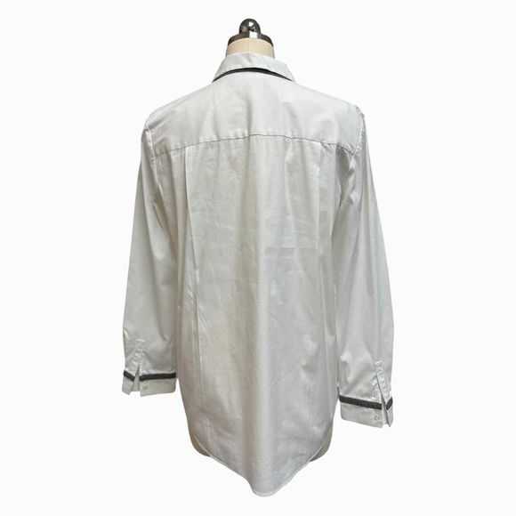 LAFAYETTE 148 JESSIE CRYSTAL TRIM BUTTON UP WHITE TUNIC SHIRT WOOL TRIM SIZE S