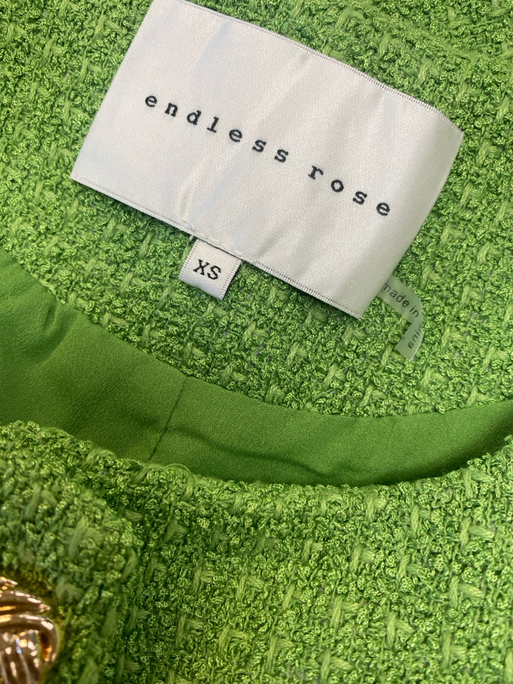 ENDLESS ROSE KELLY GREEN TWEED SPLIT TOP SHORT SET SIZE XS
