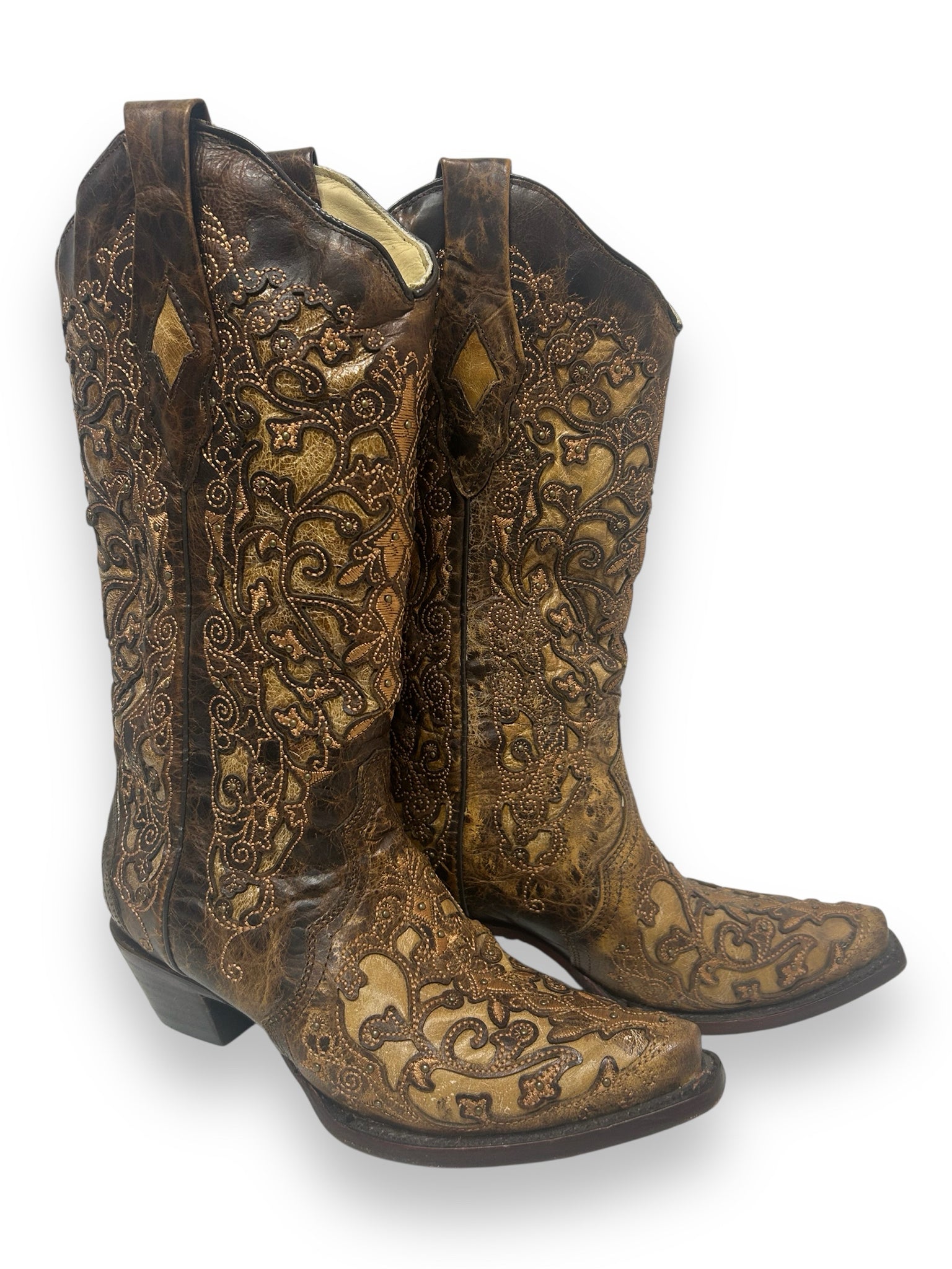 CORRAL TAN INLAY EMBROIDERY AND STUDS BRONW COWBOY BOOTS SIZE 7.5