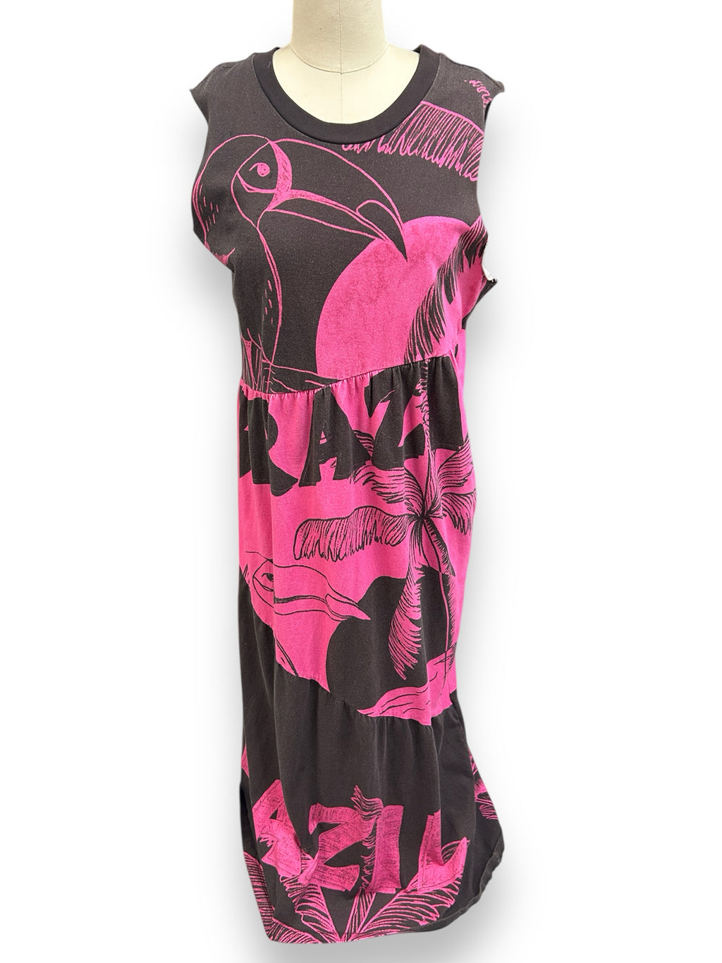 ANTHROPOLOGIE GRAPHIC 'BRAZIL' TIERED MAXI DRESS PINK BROWN SIZE LARGE