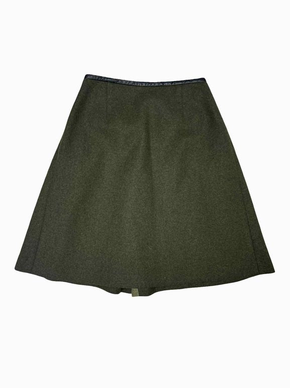 LAMB VIRGIN WOOL VINTAGE PLEAT LEATHER TRIMMED SKIRT SIZE: 2