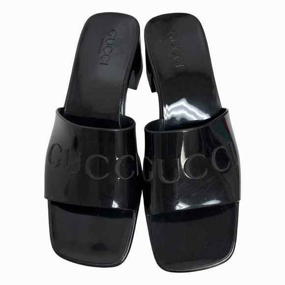 GUCCI RUBBER GUCCY LOGO PLATFORM 20/60MM SLIDE BLACK SANDALS SIZE 7