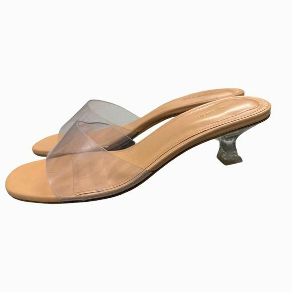 LAURROUDE VIVI LUCITE MULE IN TAN LEATHER AND VINYL SIZE 9