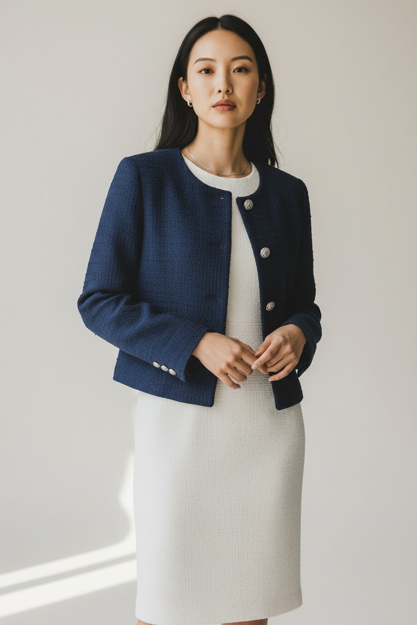 NWT ZARA NAVY BLUE BOUCLE SHORT TWEED BLAZER SIZE X-LARGE