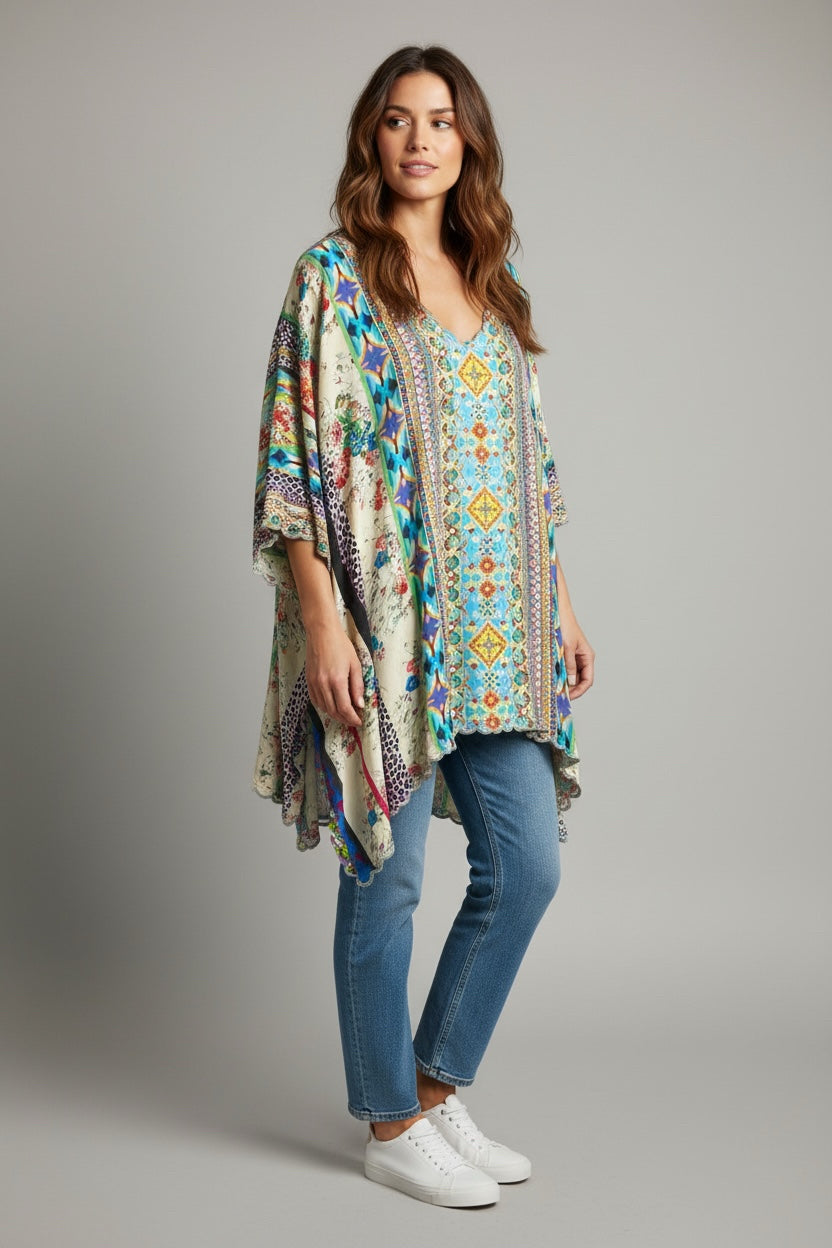 JOHNNY WAS STELLA FLARE SLEEVE BOHO MULTI PRINT BLOUSE SIZE XL