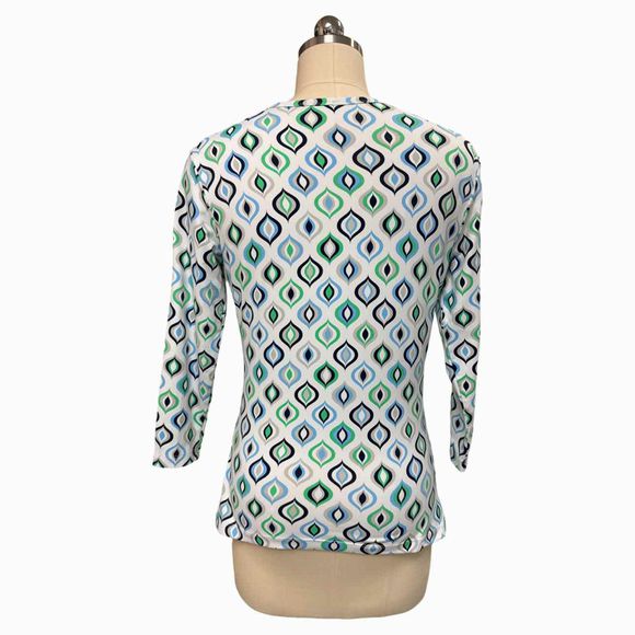 MCLAUGHLIN CATALINA CLOTH PRINT 3/4 SLEEVE WHITE/BLUE TOP SIZE XS