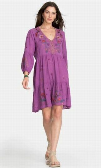 JOHNNY WAS LUCY EASY TIERED MINI PURPLE EMBROIDERED DRESS SIZE LARGE