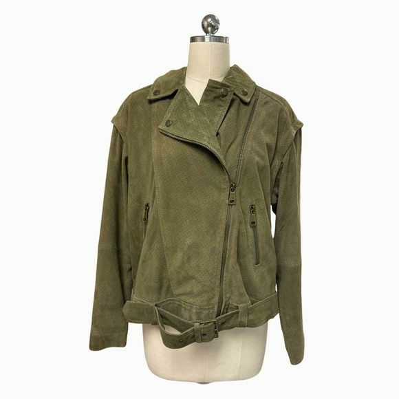 TED BAKER NWT! LOUIEY PERFORATED SUEDE BIKER OLIVE JACKET SIZE M