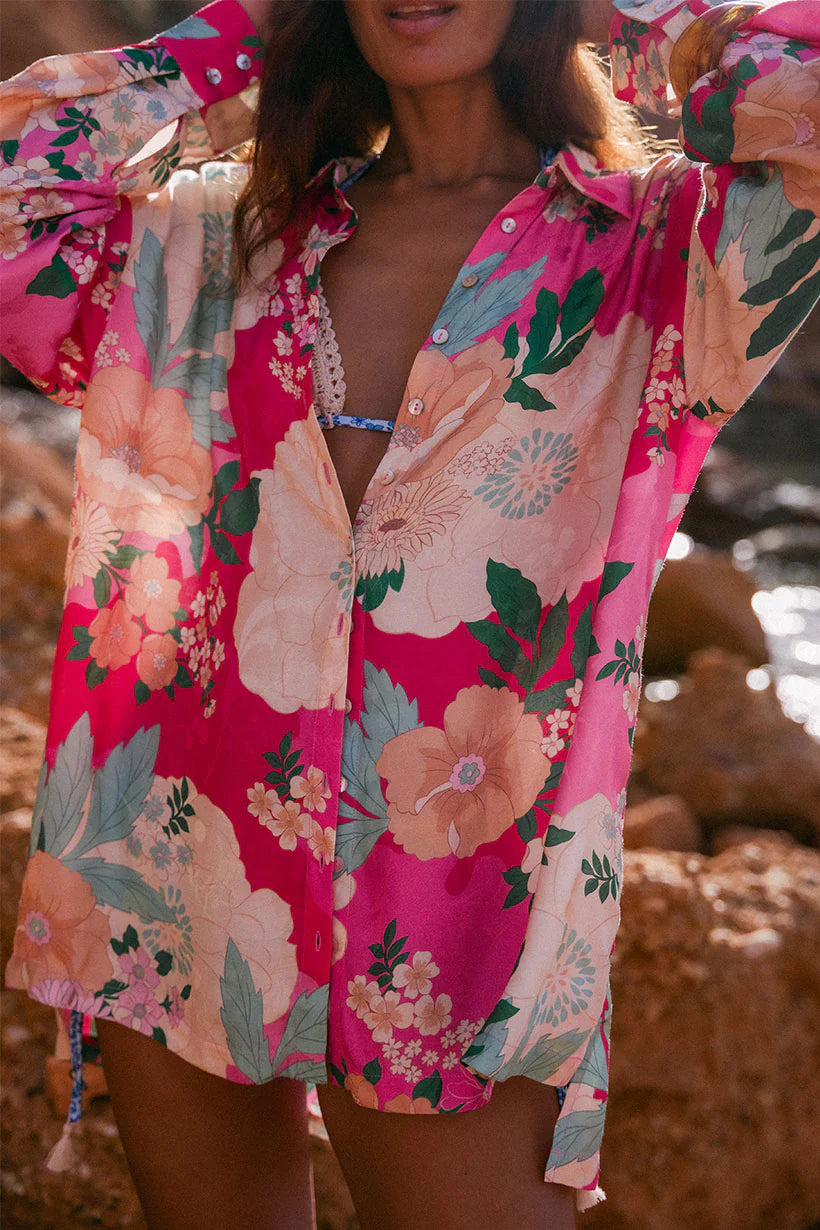 SPELL & THE GYPSY COLLECTIVE TYLER FLORAL PINK SATIN TOP SIZE MEDIUM