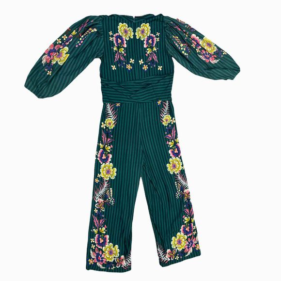 BL^NK LONDON TAPESTRY PRINT GREEN JUMPSUIT WITH BEADED ACCENT SIZE L