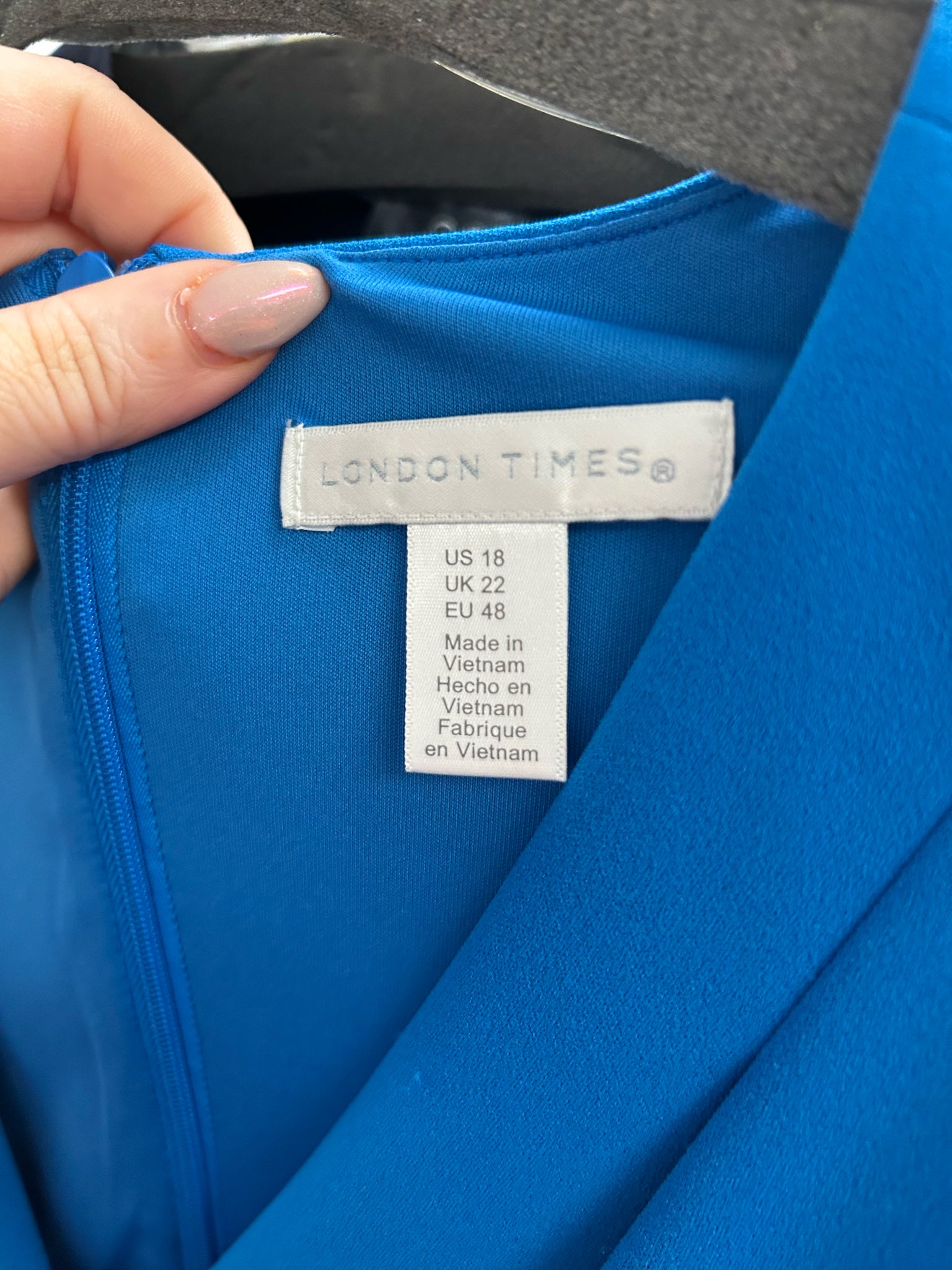 NEW! LONDON TIMES BLUE RUFFLE PONTE FAUX WRAP DRESS SIZE 18