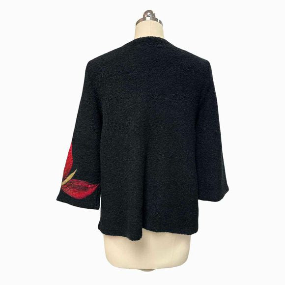 BROTEX MADE IN POLAND BOUCLE BLACK CARDIGAN FLORAL INLAY SIZE M