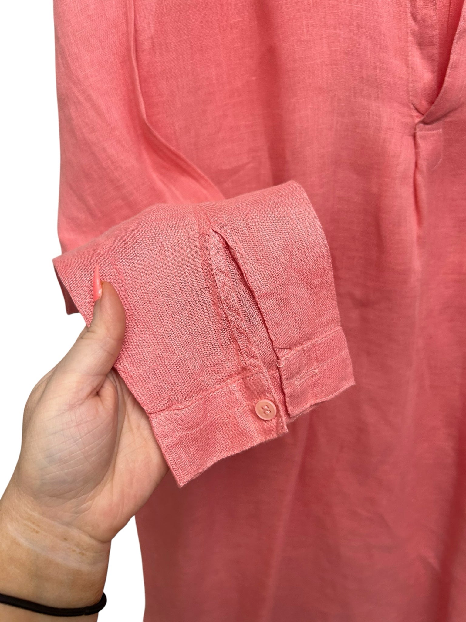 CP SHADES LINEN SPLIT NECK SALMON PINK SHIRT DRESS SIZE LARGE