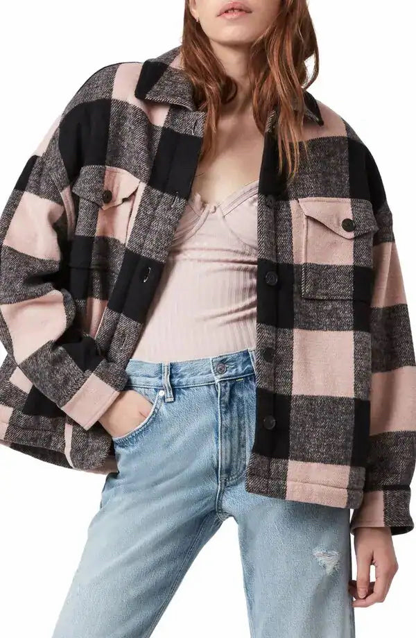 ALL SAINTS LUELLA PINK PLAID CHECK BOXY FIT JACKET SIZE 6
