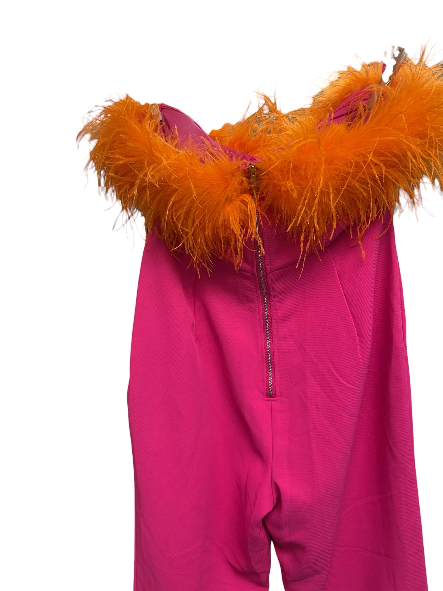 NWT NASY GAL BANDEAU FEATHER TRIM PINK ORANGE JUMPSUIT SIZE 6