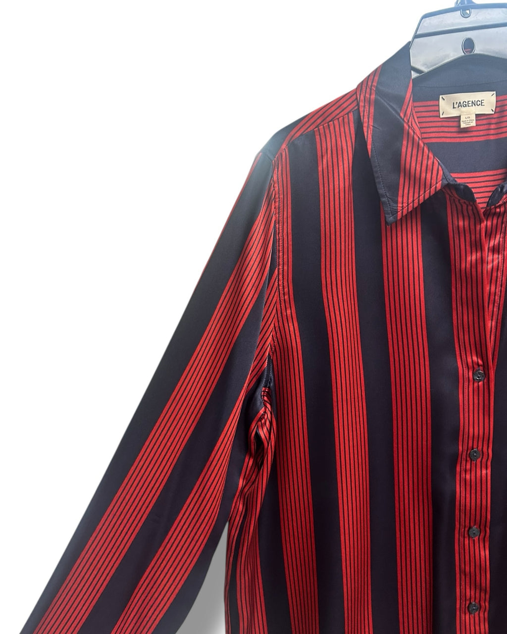 L'AGENCE TAYLOR SILK LONG SLEEVE RED BLUE STRIPED BUTTON DOWN BLOUSE SIZE LARGE