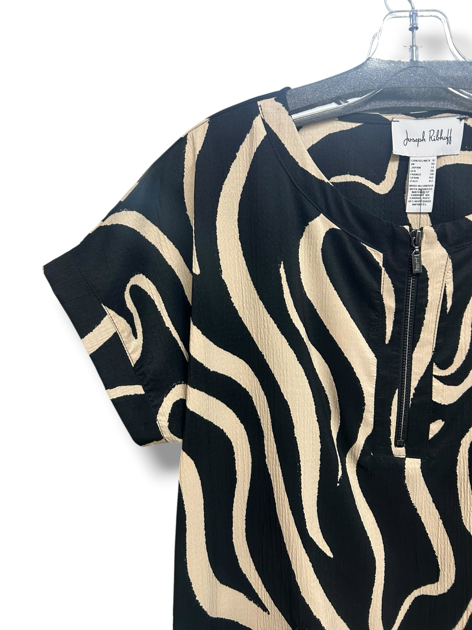 JOSEPH RIBKOFF BLACK PARCHMENT SEERSUCKER ABSTRACT PRINT A LINE DRESS SIZE 8