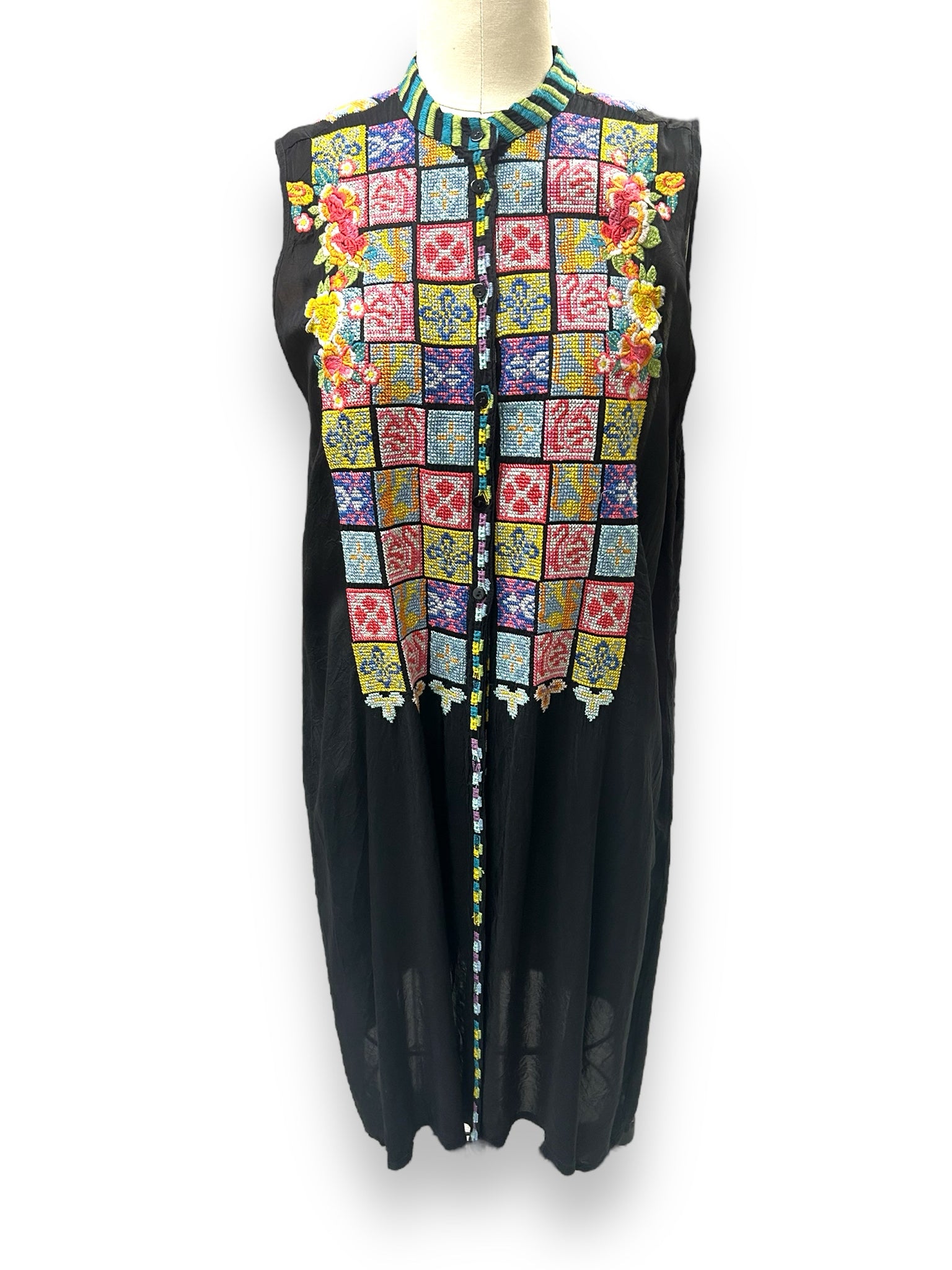 JOHNNY WAS BLACK TORREYA MULTI EMBROIDERED BUTTON TUNIC SIZE SMALL