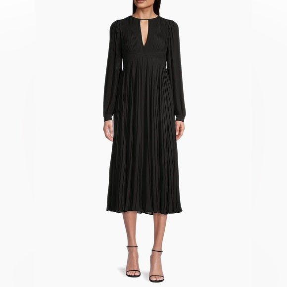 NWT MICHAEL KORS PLISSE PLEATED BLACK MIDI LONG SLEEVE DRESS SIZE SMALL