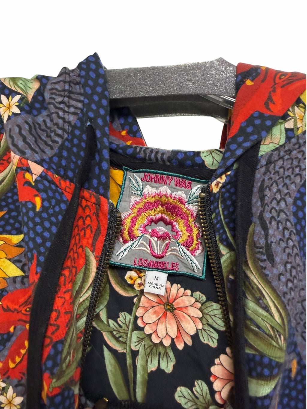 JOHNNY WAS MULTI COLOR FULL ZIP DRAGON FLORAL PRINT HOODIE SIZE MEDIUM