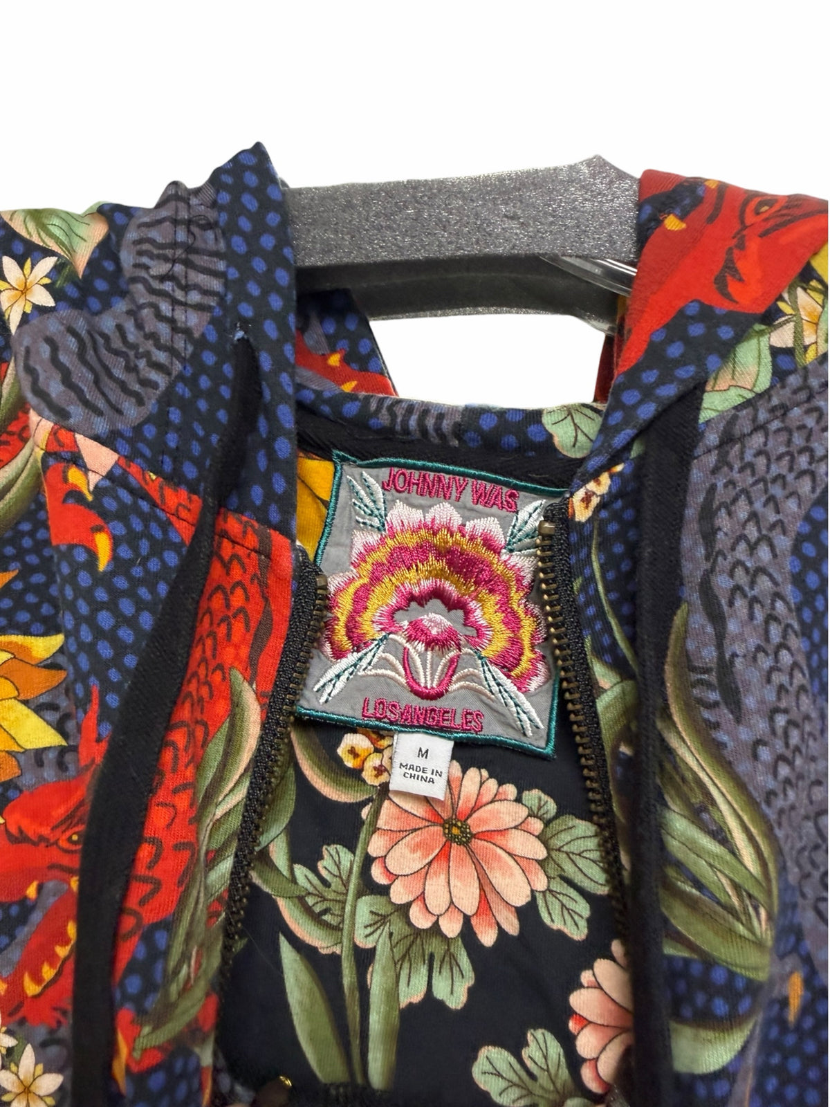JOHNNY WAS MULTI COLOR FULL ZIP DRAGON FLORAL PRINT HOODIE SIZE MEDIUM