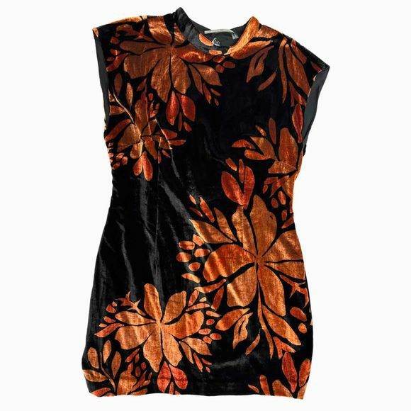 ANTHROPOLOGIE VELVET SHIFT BLACK/ORANGE DRESS SIZE L