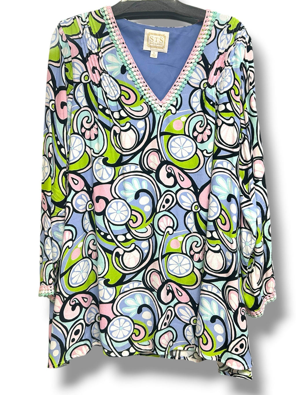 SAIL TO SABLE MOD PRINT CREPE DITZY BLUE GREEN  MINI DRESS SIZE XL