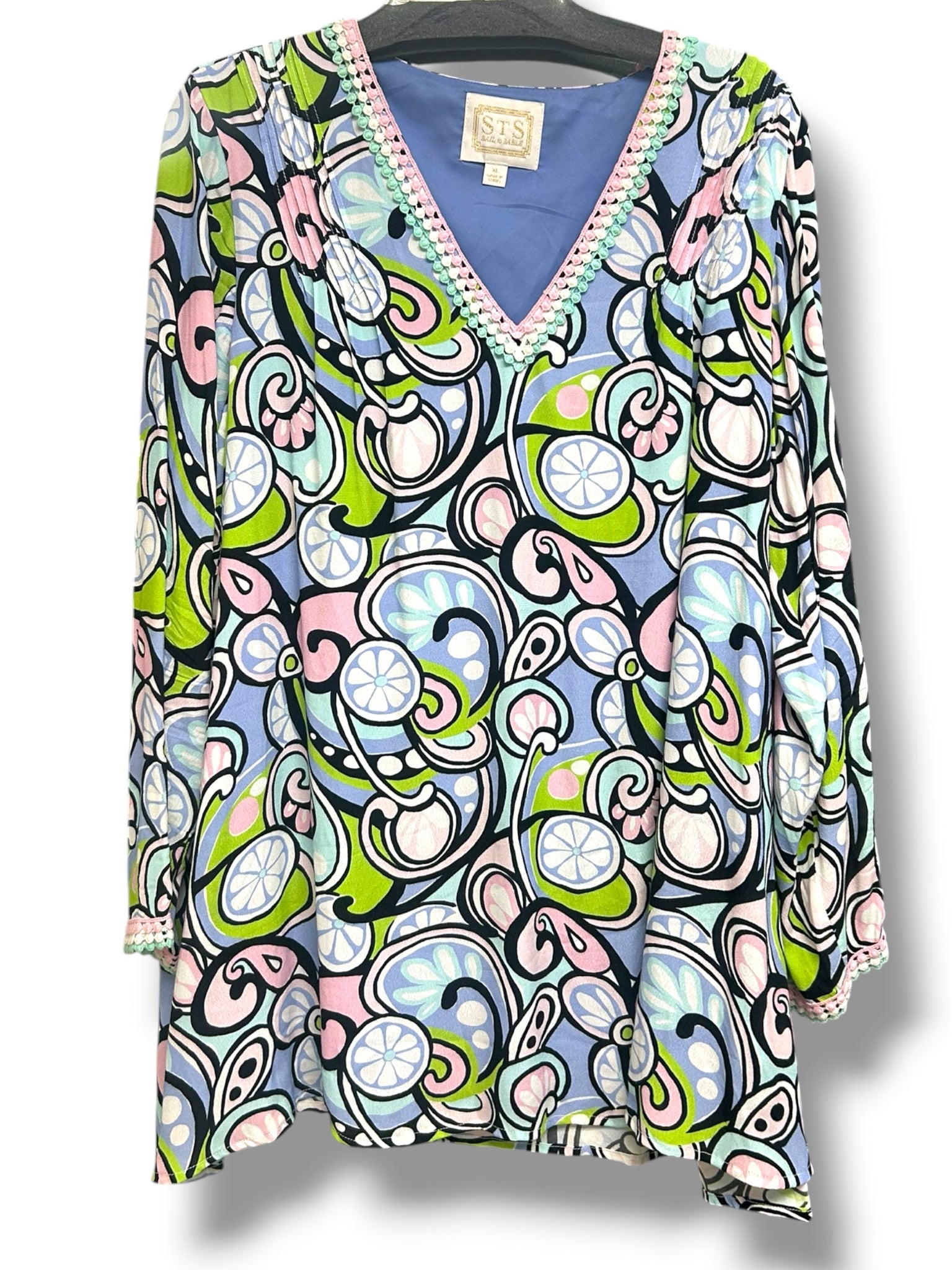 SAIL TO SABLE MOD PRINT CREPE DITZY BLUE GREEN  MINI DRESS SIZE XL