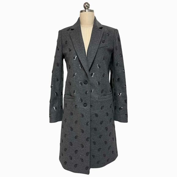 MICHAEL KORS EMBROIDERED PAISLEY CHARCOAL WOOL COAT SIZE 4