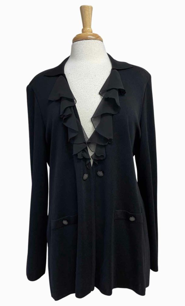 MISOOK RUFFLE TRIMMED CLASSIC KNIT OPEN TOPPER BLACK CARDIGAN SIZE M