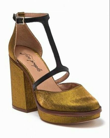 FREE PEOPLE WYTHE SATIN METALLIC T-STRAP GOLD PLATFORM HEEL SIZE 40