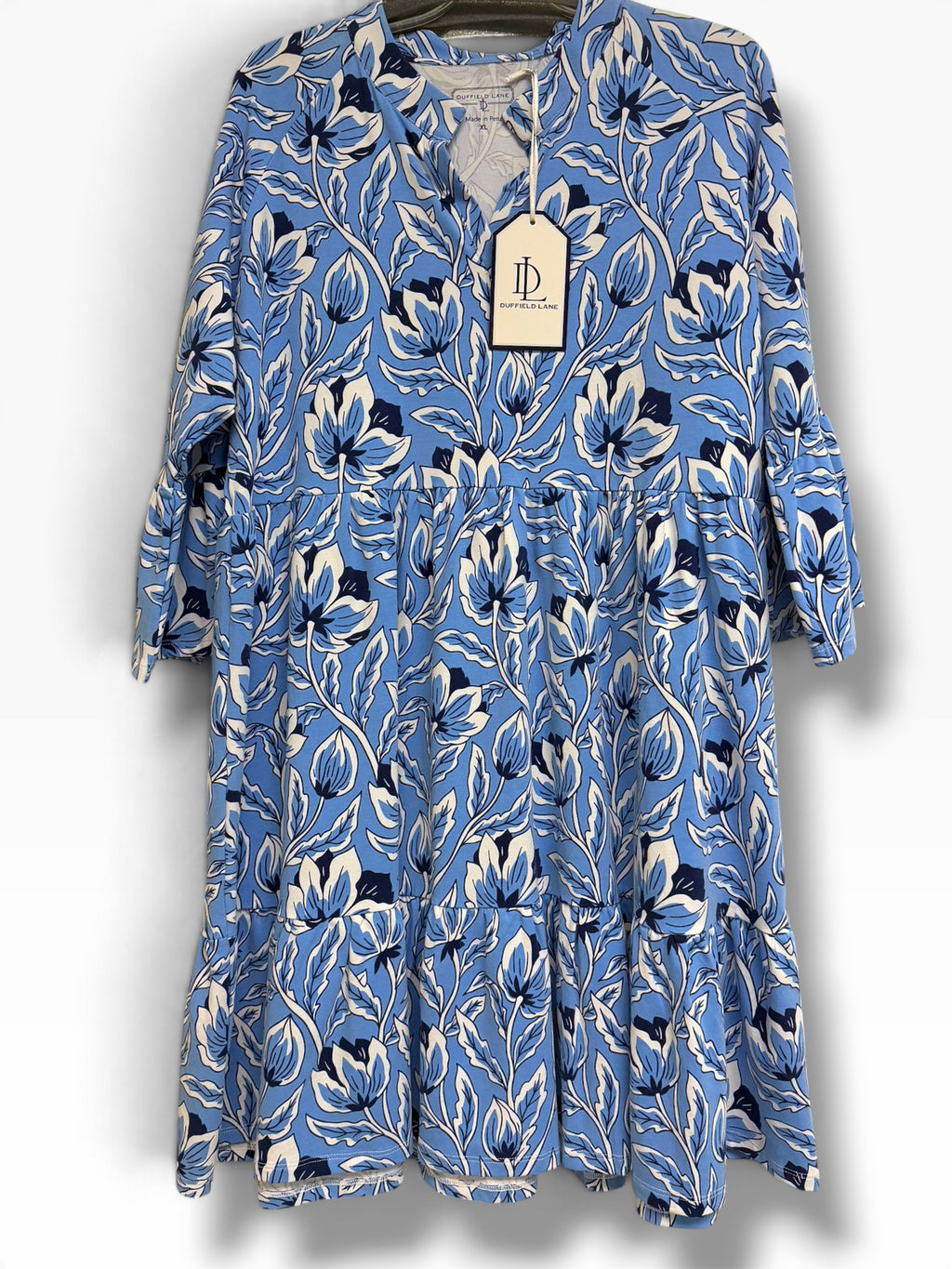 NWT DUFFIELD LANE EVELINE BLUE FLORAL RUFFLE  MINI DRESS SIZE XL