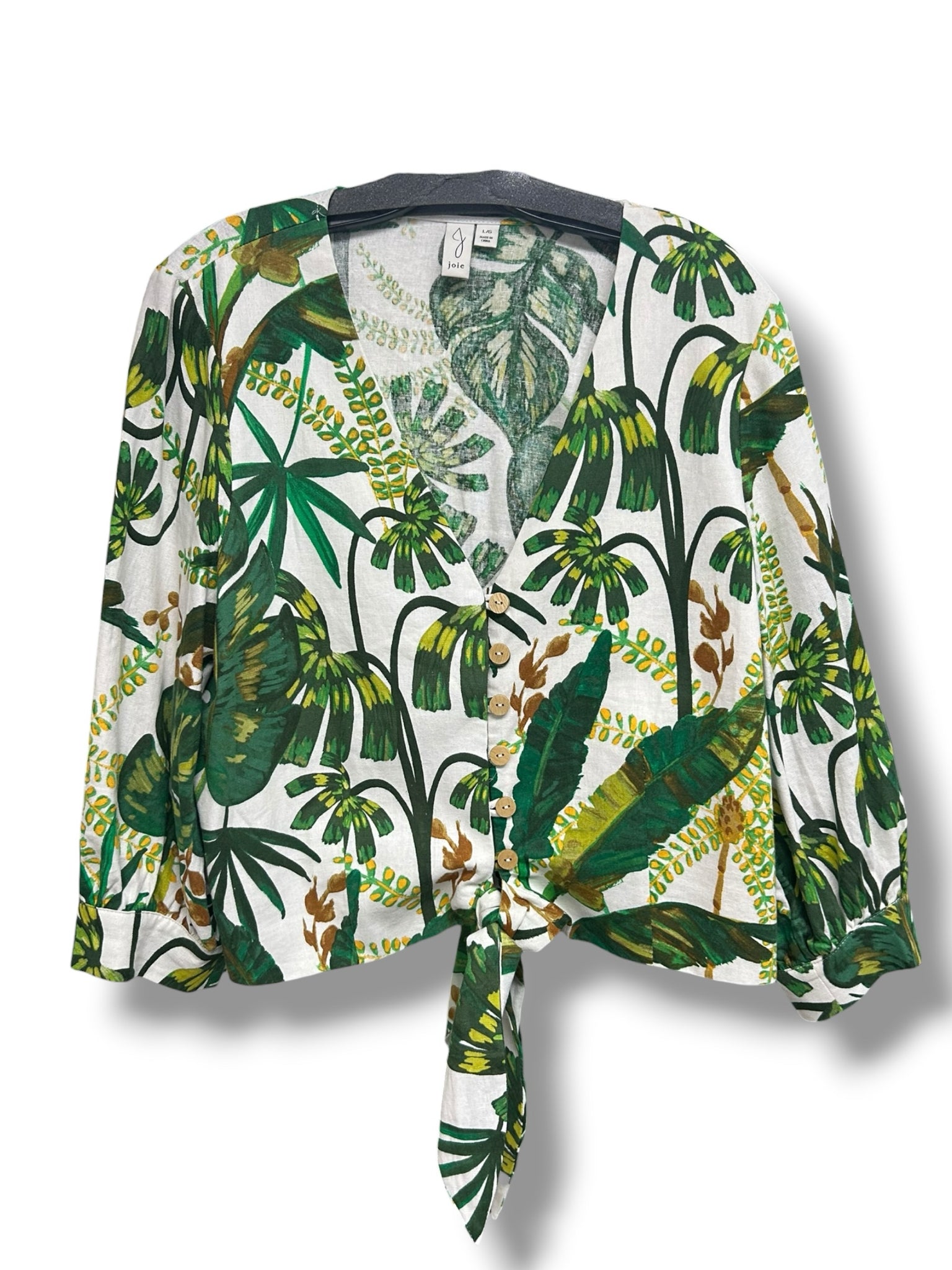JOIE GREEN PALM PRINT LINEN RAYON BUTTON UP TIE FRONT BLOUSE SIZE LARGE