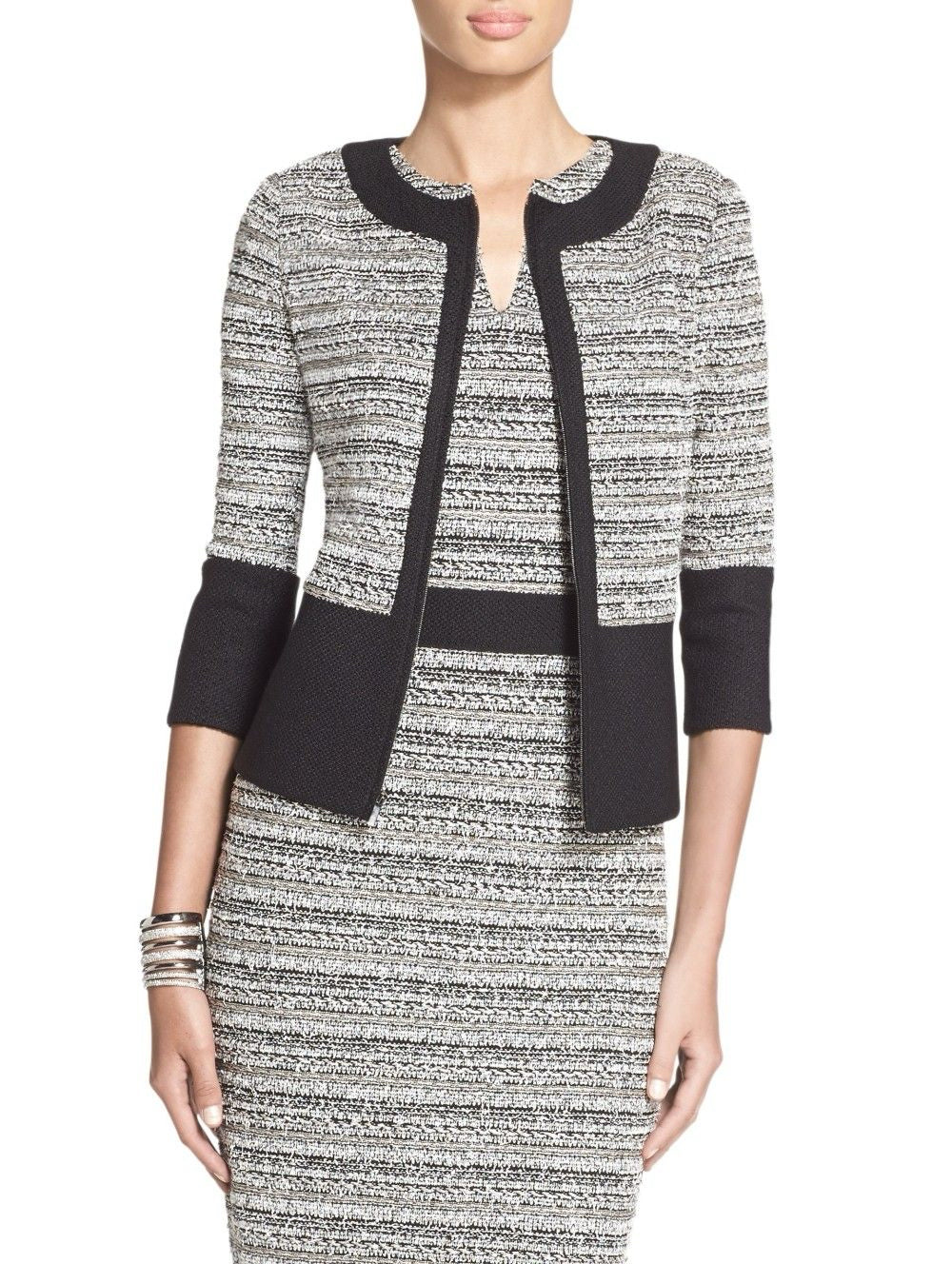 ST JOHN CAVIAR BLACK TEXTURED KNIT DRESS AND TOPPER JACKET SIZE 4