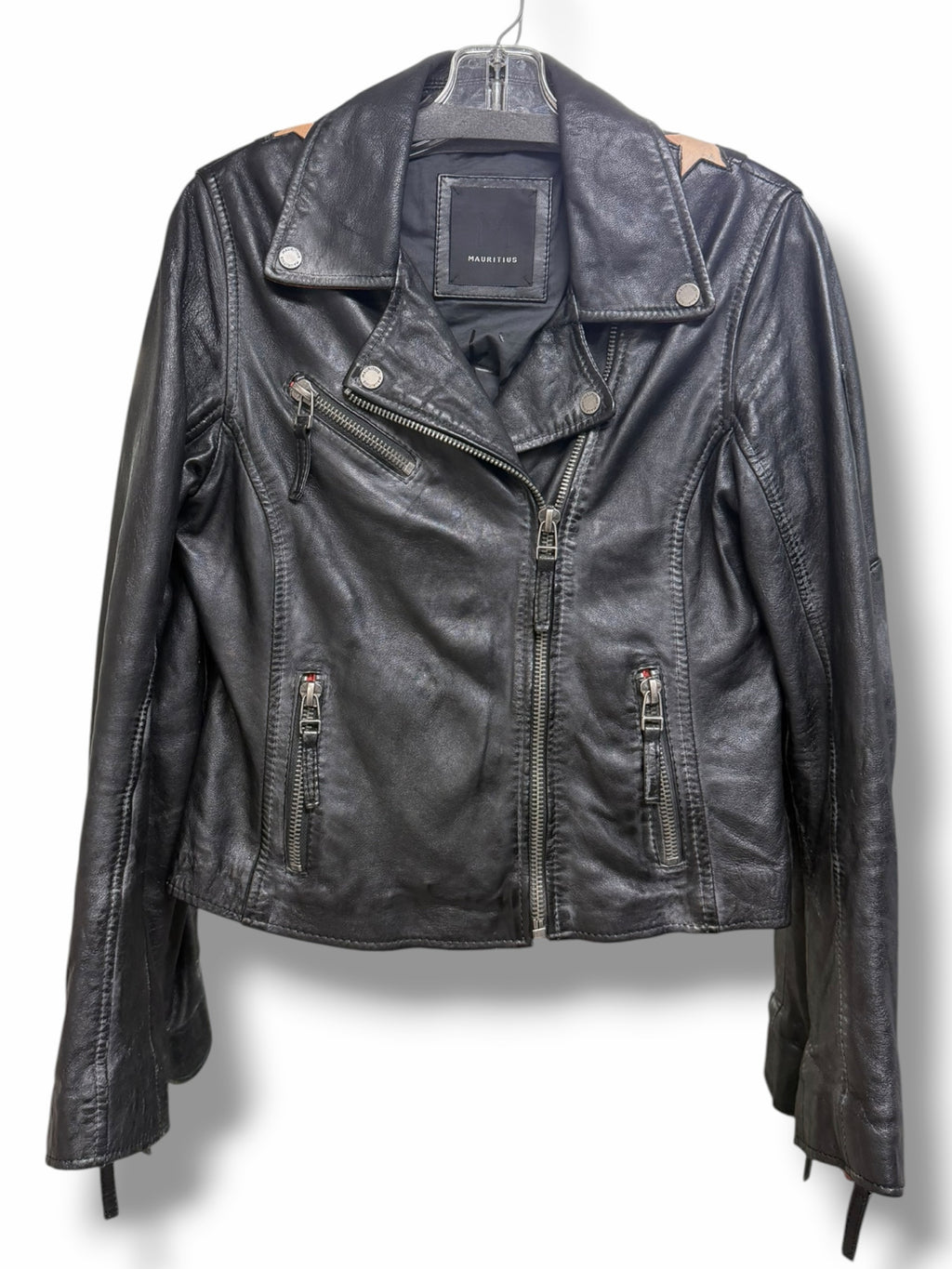 ANTHROPOLOGIE MAURITIUS CHRISTY LEATHER MOTO JACKET BLACK STAR SIZE 6