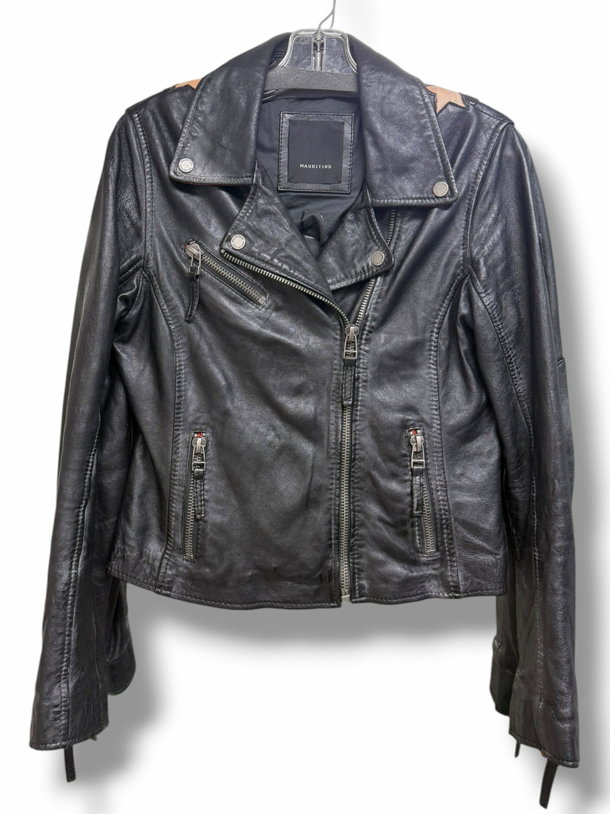 ANTHROPOLOGIE MAURITIUS CHRISTY LEATHER MOTO JACKET BLACK STAR SIZE 6