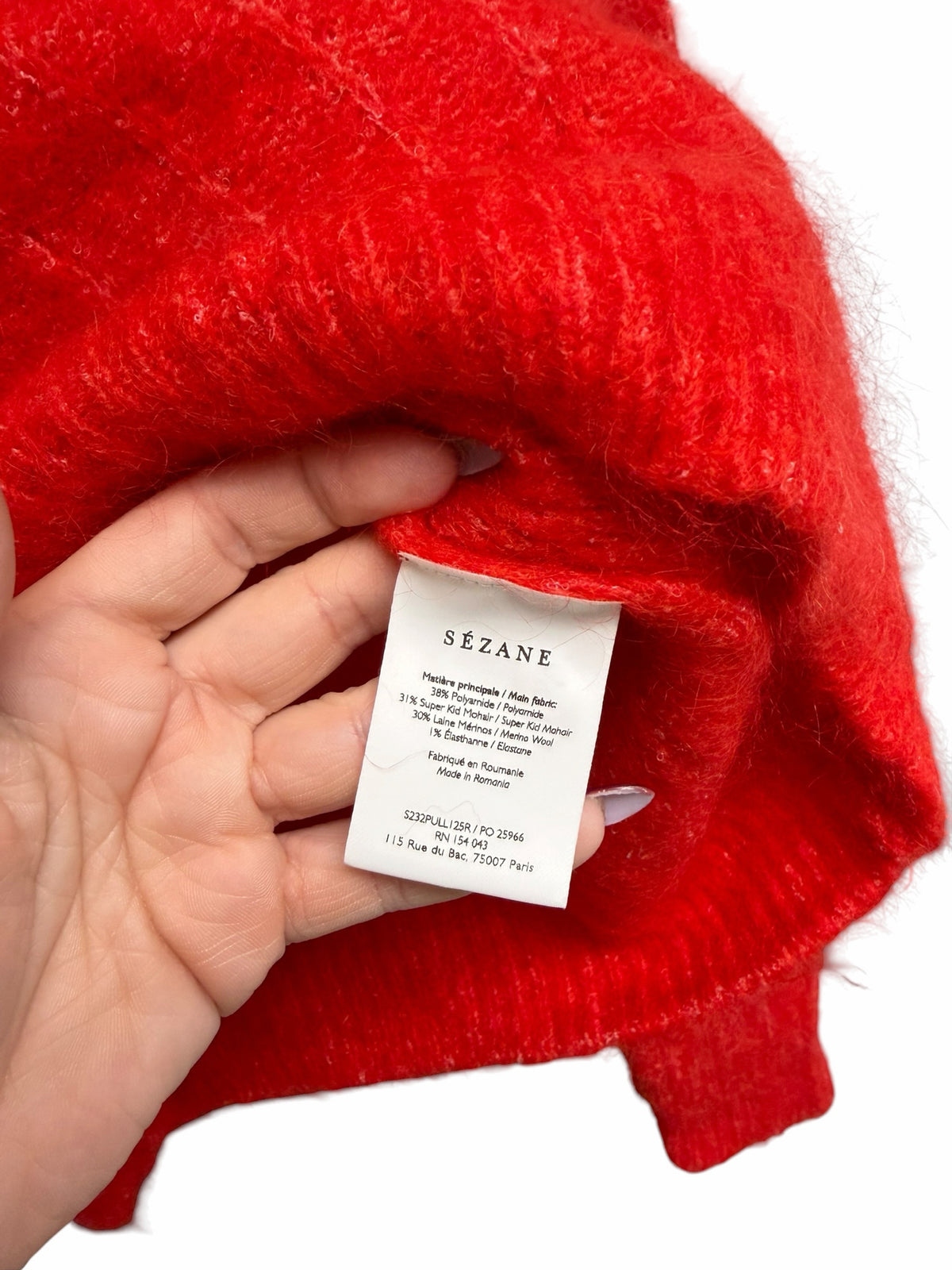 SEZANE MOHAIR MARINO WOOL LORIS JUMPER RED RUFFLE HIGH NECKLINE SIZE SMALL